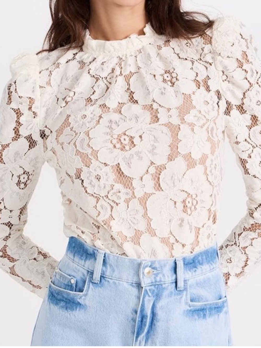 Wayf Ivory Floral Lace Long-Sleeve Blouse